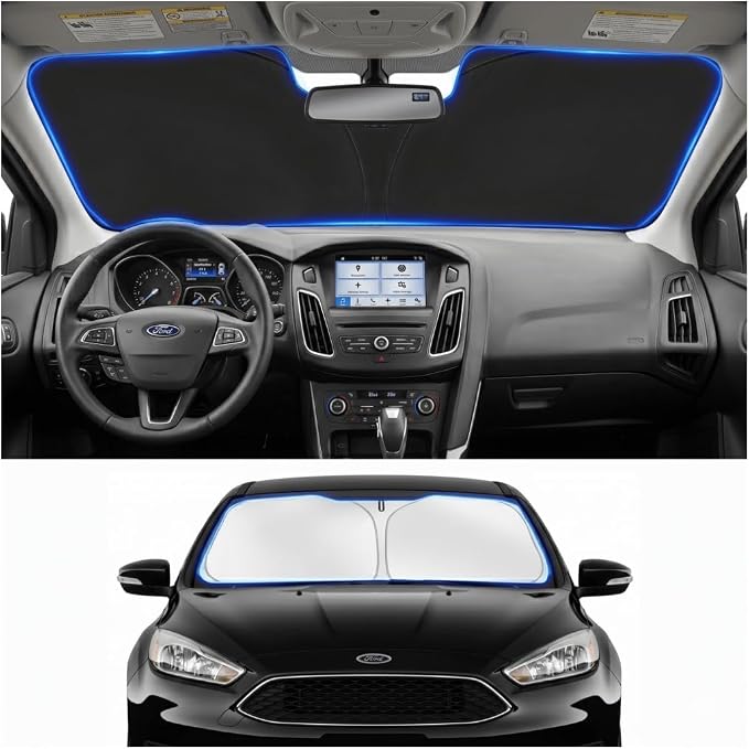 Custom Fit Windshield Sun Shade for Ford Focus 2012-2018 | Perfect Vehicle Fit, Cooler Interior, Blocks UV Rays, Stronger Frame, Easy Fold & Store