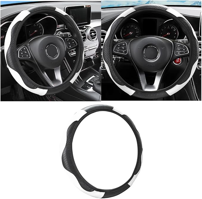 Osilly Car Steering Wheel Cover, 15 inch Carbon Fiber Microfiber PU Leather Elastic Steering Wheel Protector for Men Women, Anti-Slip Breathable Car Interior Accessories for Most Cars (Black/White)