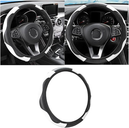 Osilly Car Steering Wheel Cover, 15 inch Carbon Fiber Microfiber PU Leather Elastic Steering Wheel Protector for Men Women, Anti-Slip Breathable Car Interior Accessories for Most Cars (Black/White)