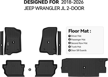 Floor Mats for 2018-2026 Jeep Wrangler JL 2-Door, Trunk Mat & Door Sill Guard All Weather TPE Protector for Jeep Wrangler JL 2-Door Accessories