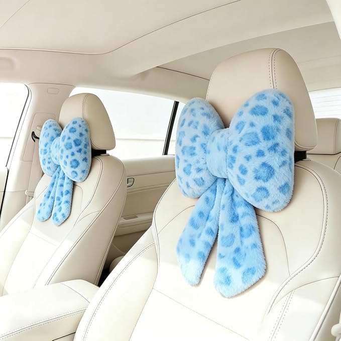 Sexysamba 2 Pcs Plush Bow Car Headrest Neck Pillow Cute Bow Pillow for Car Seat Décor Soft Neck Support for Comfortable Driving Traveling Office Fluffy Head Rest Cushion, Blue Leopard Print