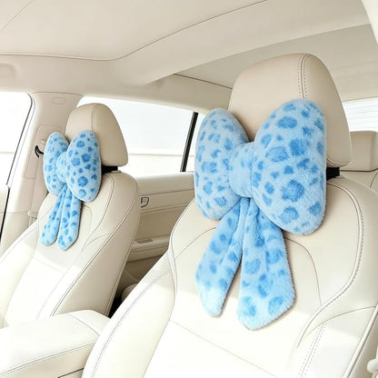 Sexysamba 2 Pcs Plush Bow Car Headrest Neck Pillow Cute Bow Pillow for Car Seat Décor Soft Neck Support for Comfortable Driving Traveling Office Fluffy Head Rest Cushion, Blue Leopard Print