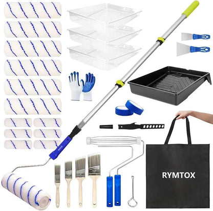 33PCS Complete Paint Roller Kit with Extension Pole & Carry Bag, 2-4 FT Painting Supplies Set with 9" & 4" Microfiber Rollers, Brushes, Tray & Tape for Walls, Ceilings & DIY Room Repainting