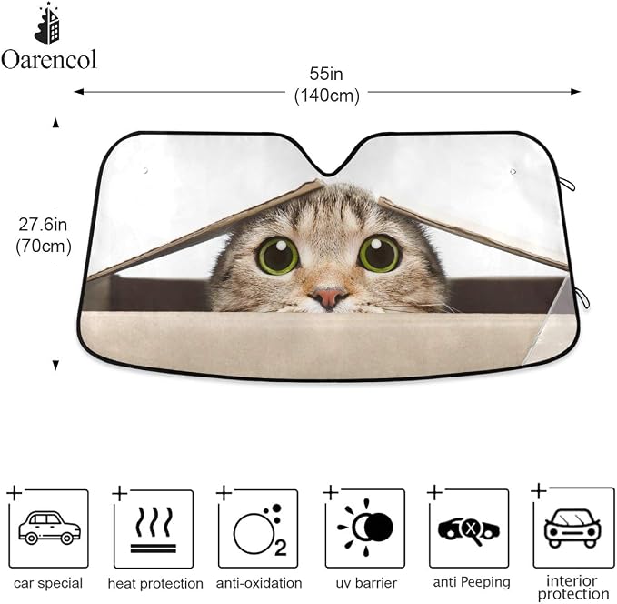 Funny Cat Car Windshield Sun Shade Cute Animal Foldable UV Ray Sun Visor Protector Sunshade to Keep Your Vehicle Cool (55" x 27.6")