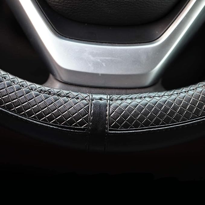 Valleycomfy Steering Wheel Covers Universal 15 inch - Genuine Leather, Breathable, Anti Slip & Odor Free (Black with Black Lines, M(14" 1/2-15" 1/4))