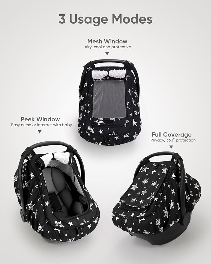Car Seat Cover Baby Boy, Infant Car Seat Canopy Outdoor, 2 Layers with Mesh and Sun Shade Window for Summer Winter, Easy Access Carseat Covers Snug Fit Baby Stroller - Black Star