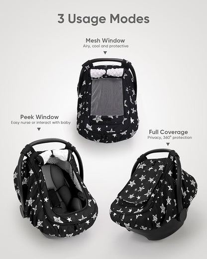 Car Seat Cover Baby Boy, Infant Car Seat Canopy Outdoor, 2 Layers with Mesh and Sun Shade Window for Summer Winter, Easy Access Carseat Covers Snug Fit Baby Stroller - Black Star