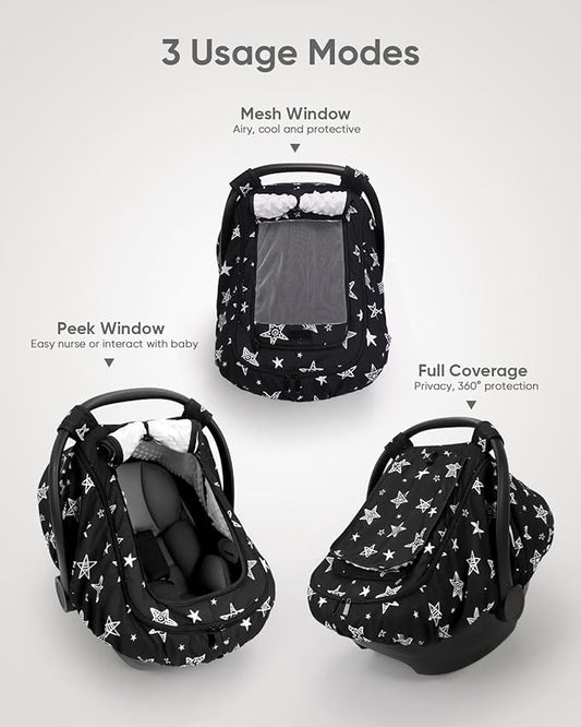 Car Seat Cover Baby Boy, Infant Car Seat Canopy Outdoor, 2 Layers with Mesh and Sun Shade Window for Summer Winter, Easy Access Carseat Covers Snug Fit Baby Stroller - Black Star