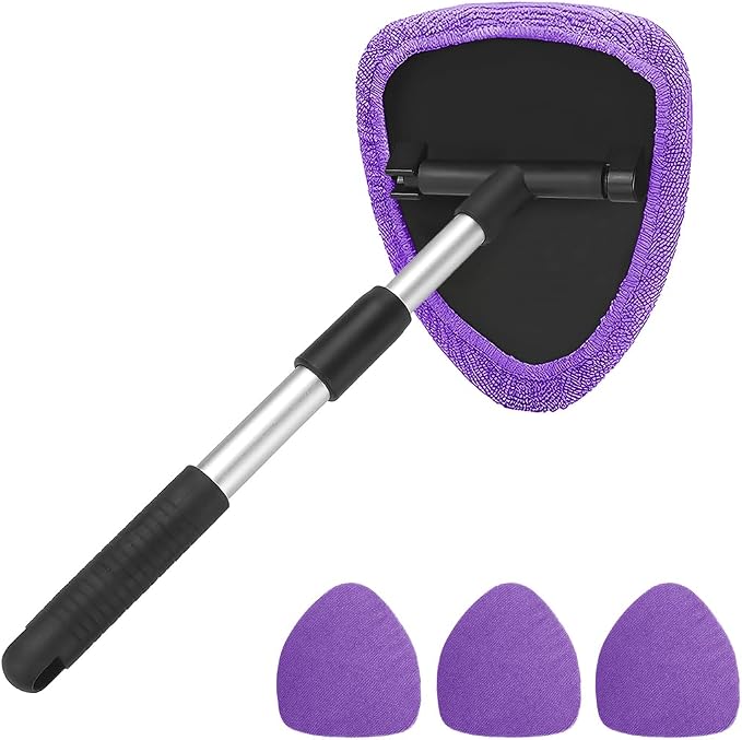 Windshield Cleaning Tool, Car Window Cleaner with Extendable Long Handle and 4 Washable Reusable Microfiber Pads, Auto Interior Exterior Glass Wiper Cleaning Kit Universal for Office and Home (Pueple)