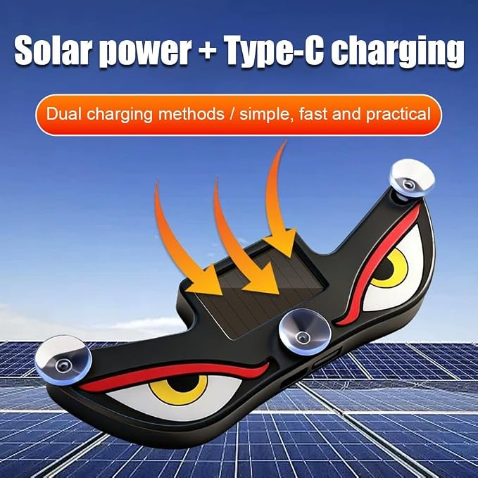 Solar Demon Eye LED Car Window Light, Waterproof Devil Eyes Light No Drill Suction Cup Dynamic Windshield Ambient Lamp, Solar USB Powered Flicker Signal Warning Lights for SUV Trucks (Type 2,1-Pack)