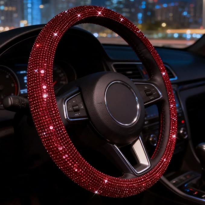 Car Bling Steering Wheel Cover for Women Girls Burgundy 15 Inch Universal Red Crystal Rhinestone Diamonds Bling Bling Accessories Anti-Slip Wheel Protector