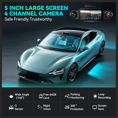 360°View 4 Channel Dash Cam, 5'' IPS Large Screen Dash Camera for Cars, 4K+1080P Front and Rear Inside Left Right, Built-in IR Night Vision, 24H Parking Mode, 64GB SD Card, Wireless APP Transmission