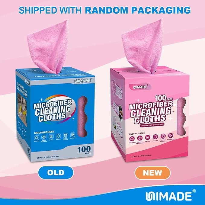 UNIMADE Microfiber Cleaning Cloth, 100 Sheets Microfiber Towels for Cars Commercial Grade Washcloths Lint-Free Bulk Shop Towel Cleaning Rags for Household Restaurant Garage Housekeeping,11"x 9", Pink