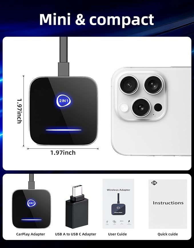 Wireless CarPlay Adapter & Android Auto Dongle – Plug & Play, Converts Wired to Wireless, Fast & Stable Connection, Compatible with iPhone iOS 10+, Android 11+ & 800+ Car Models (2016 & Newer)
