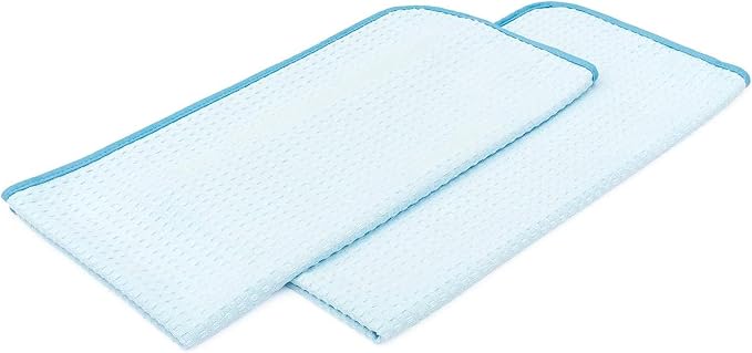 The Rag Company Dry Me A River, Professional Korean 70/30 Blend Microfiber Waffle-Weave Drying & Detailing Towels, Soft Suede Edges, 390 GSM, 20x40 Inches, Light Blue, 2-Pack