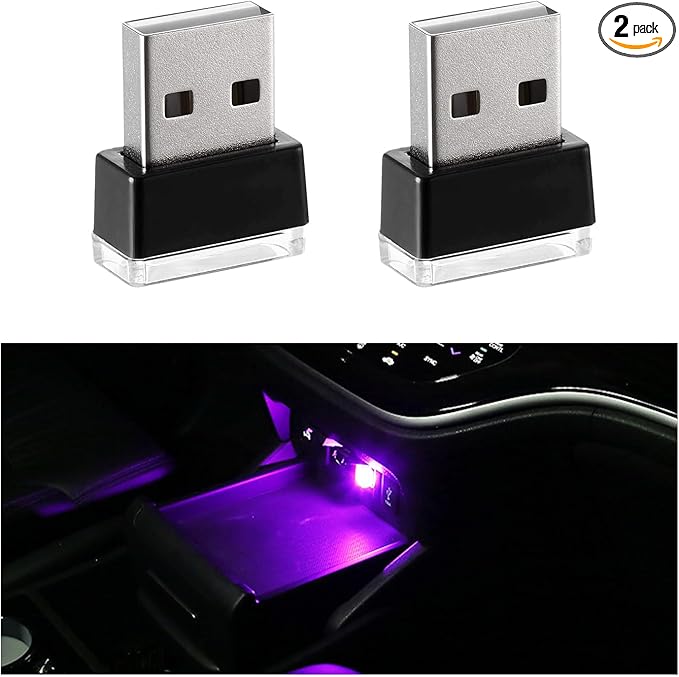 2 PCS USB LED Car Interior Atmosphere Lamp, Portable Mini LED Night Light, Plug-in USB Interface Trunk Ambient Lighting Kit, Universal Interior Car Accessories (Purple)