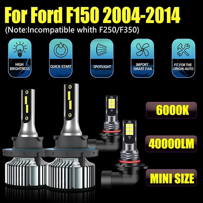 2004-2014 Ford F150 Hi-Lo Beam&Fog Light Bulbs Combo,6000K,40000LM | H13(9008)/9145 Lights, f-150 off-road high low bulb, super bright, DIY Replacement, Plug and Play, Pack of 4