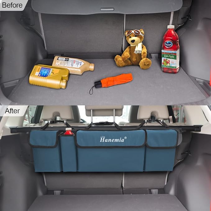Car Trunk Organizer and Storage, Backseat Hanging Organizer for SUV, Truck, MPV, Waterproof, Collapsible Cargo Storage Bag with 4 Pockets, Car Accessories for Men and Women (Blue)