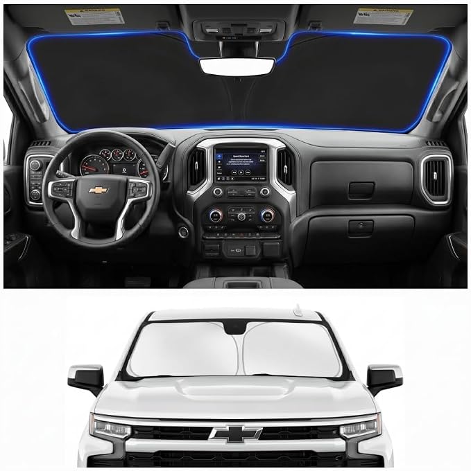 Windshield Sun Shade for Chevy Chevrolet Silverado 1500 2019-2026 | Custom Fit Windshield Cover, Blocks UV Rays, Double-Layer Heat Shield, Durable Frame, Easy Fold & Storage
