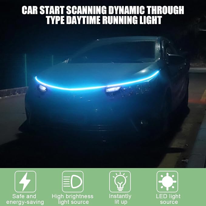 Car Hood Light Strip, 59 Inch Silicone Flexible Daytime Vehicle LED Running Lighting with Dynamic Scan Start Up Effect, Waterproof Auto Exterior Lamp Accessories, Universal Fit (Ice Blue)
