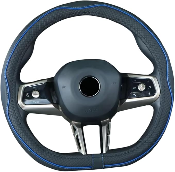 Mayco Bell Flat Bottom Steering Wheel Cover Anti-Slip,Safety,Soft,Breathable,Durable,Full Surround,Comfortable Grip Microfiber Leather (D Shape, Black Dark Blue)
