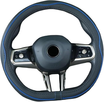 Mayco Bell Flat Bottom Steering Wheel Cover Anti-Slip,Safety,Soft,Breathable,Durable,Full Surround,Comfortable Grip Microfiber Leather (D Shape, Black Dark Blue)