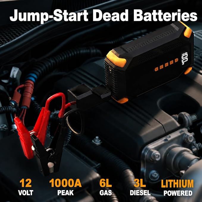 1000A Jump Starter with Air Compressor, 150PSI Portable Car Battery Booster Pack, 12V Jump Box for 6L Gas/3L Diesel Engines, Auto Shut-Off Tire Inflator, LCD Display, LED Light, USB Power Bank