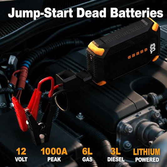 1000A Jump Starter with Air Compressor, 150PSI Portable Car Battery Booster Pack, 12V Jump Box for 6L Gas/3L Diesel Engines, Auto Shut-Off Tire Inflator, LCD Display, LED Light, USB Power Bank