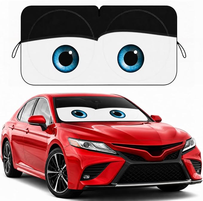 Car Windshield Sun Shade, Funny Cartoon Eyes Car Sun Shade, UV Heat Protection Windshield Cover Universal Fits Mid-Large Sedan SUV Crossover Family Vehicle - 63 x 31.5