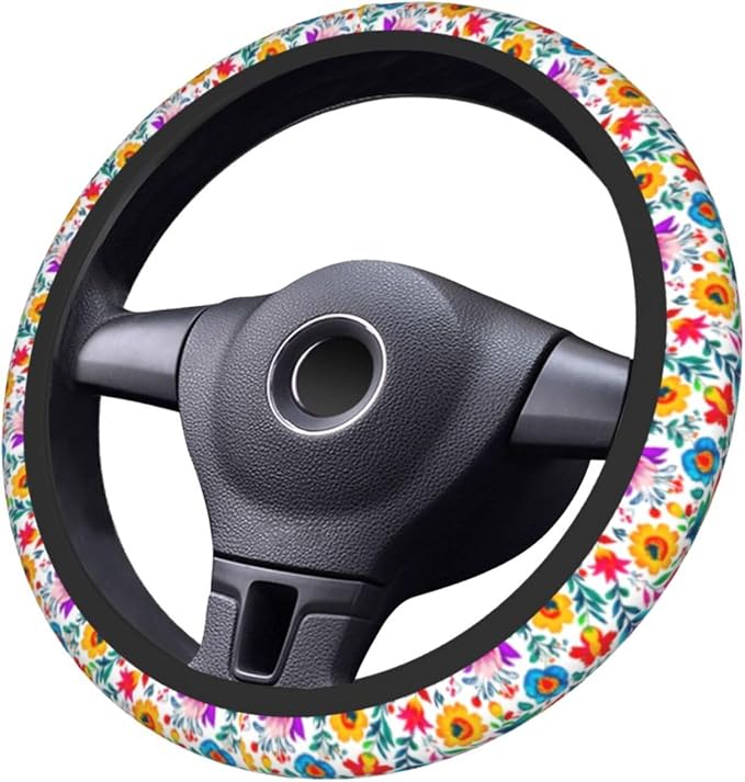 Mexican Floral Steering Wheel Covers Non Slip Neoprene Universal 15 Inch Steering Wheel Protector Car Cover for Men Women