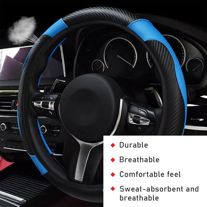 povtii Car Steering Wheel Cover, 15 Inch Leather Breathable Auto Steering Wheel Protector, Comfortable Non-Slip Vehicle Steering Wheel Covers, Universal Interior Car Accessories (Black+Blue)