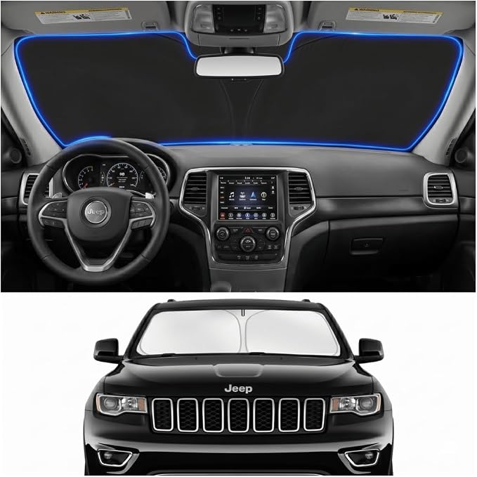 Custom Fit Windshield Sun Shade for Jeep Grand Cherokee 2014-2026 | Custom Fit Windshield Cover, Blocks UV Rays, Double-Layer Heat Shield, Durable Frame, Easy Fold & Storage