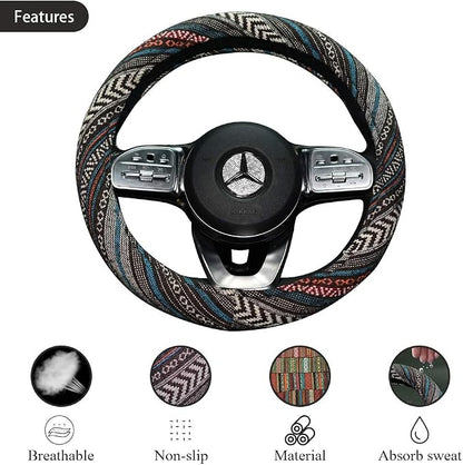 Universal 15inch Ethnic Style Baja Blanket Steering Wheel Cover with Coarse Flax Cloth and Sweat Absorption Anti Slip Car Wrap (Boho Dark)