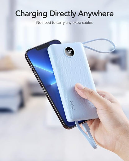 VRURC Portable Charger for iPhone, Built in Cables & Lanyard Power Bank 10000mAh, Compact USB C Charging Bank 5 Outputs for Multi Devices,Travel Essential for Hiking Camping Business Cruise Ship-Blue