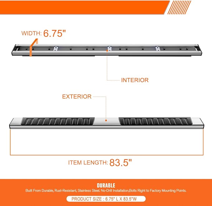 6.75" Running Boards Side Step Bars Compatible with 2009-2024 Dodge Ram 1500 2500 3500 Crew Cab, Stainless Steel Flat Side Truck Running Boards, Chrome