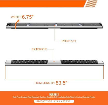 6.75" Running Boards Side Step Bars Compatible with 2009-2024 Dodge Ram 1500 2500 3500 Crew Cab, Stainless Steel Flat Side Truck Running Boards, Chrome