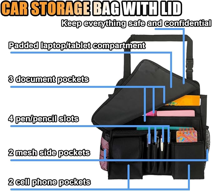 Car Front Seat Organizer, Car Backseat Organizer with Adjustable Shoulder Strap, Passenger Seat File Storage Bag with Dedicated Laptop Tablet Holder Cup Holder for Car Law Enforcement (Black)