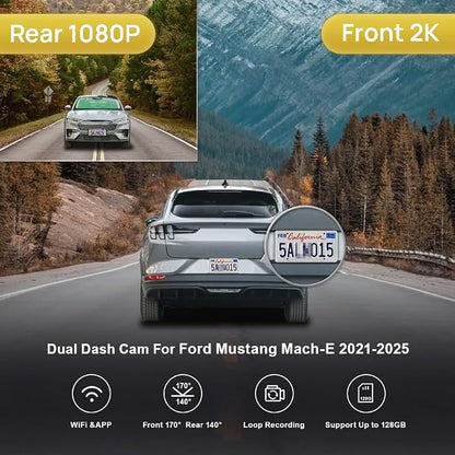 Fitcamx Front 2K+Rear 1080P Dash Cam for 2021-2025 Ford Mustang Mach-E GT Select Premium, Integrated OEM Look, Dual HD Video, Loop Recording, WiFi & APP, G-Sensor, Easy to Set, 64GB Card