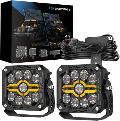 Led Light Pods for Truck Ditch Lights Off Road Lights Cube Led Flood Beam 4Inch 80W 5200LM Spot Flood Combo Far & Wide Amber White for Trucks, ATVs, UTVs, Jeeps, Cars, Motorcycles, Pair