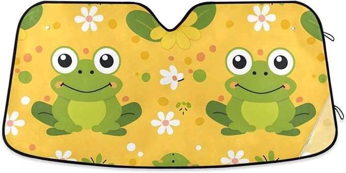 Cars Front Sun Shade Windshield,Foldable Reflective Sun Visor Green Frogs Flowers Windshield Sunshade Cover,Blocks UV Ray Sun Protect Interior Keep Cool,55" x 27.6"