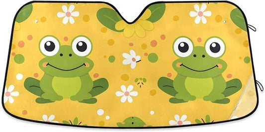 Cars Front Sun Shade Windshield,Foldable Reflective Sun Visor Green Frogs Flowers Windshield Sunshade Cover,Blocks UV Ray Sun Protect Interior Keep Cool,55" x 27.6"