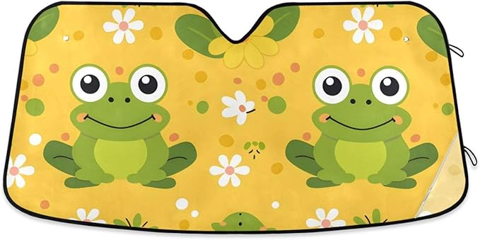 Cars Front Sun Shade Windshield,Foldable Reflective Sun Visor Green Frogs Flowers Windshield Sunshade Cover,Blocks UV Ray Sun Protect Interior Keep Cool,57" x 31.5 "Inches