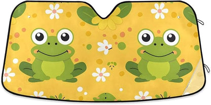 Cars Front Sun Shade Windshield,Foldable Reflective Sun Visor Green Frogs Flowers Windshield Sunshade Cover,Blocks UV Ray Sun Protect Interior Keep Cool,57" x 31.5 "Inches