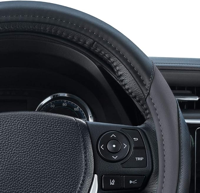 Motor Trend SportDrive Faux Leather Steering Wheel Cover, Standard 15 inch Size, Two-Tone Black & Dark Gray, Car Steering Wheel Cover for Truck Van SUV Auto