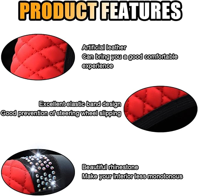 Bling Soft Leather Steering Wheel Cover, 15 Inch Colorful Rhinestones Auto Elastic Protector with Crystal Diamond for Women Girls, Car Accessories for Most Cars, SUVs (Red)