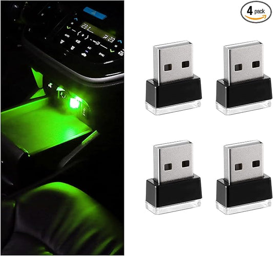 4 PCS USB LED Car Interior Atmosphere Lamp, Portable Mini LED Night Light, Plug-in USB Interface Trunk Ambient Lighting Kit, Universal Interior Car Accessories (Green)