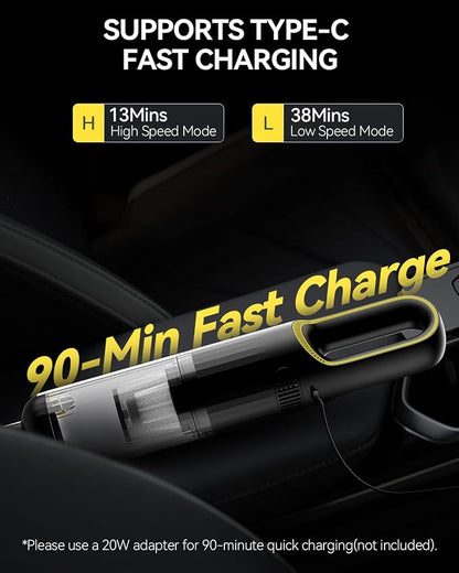 Handheld Car Vacuum Cleaner Cordless with 23000pa High Power Suction, 1.5H Type-C Fast Charge & 2 Suction Modes, Portable Mini Hand Vac Rechargeable with Multi-Nozzles for Car Home Office (Black)