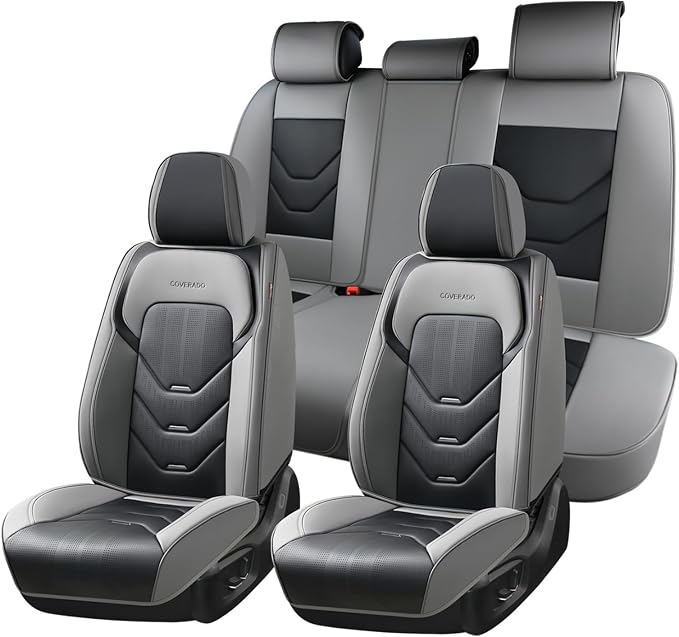 Coverado Car Seat Covers Full Set, Gray&Black Leather Seat Covers, Front and Back Seat Cover for Car, Waterproof Car Seat Protector, Car Seat Cushion Automotive Seat Covers Universal Fit for Most Cars