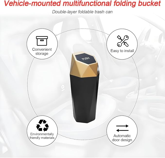 2PCS Car Trash Can with Lid, Mini Portable Auto Garbage Can, Small Leakproof Diamond Design Trash Dustbin, Waterproof Vehicle Rubbish Bins for Automotive Car, Home, Office, Kitchen, Bedroom (Gold,2)