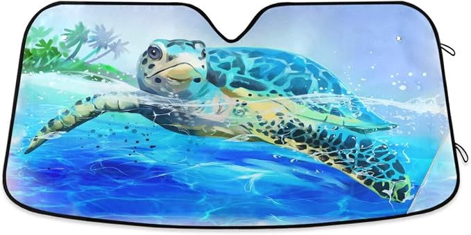 Sea Turtle Car Windshield Sun Shade Watercolor Beach Ocean Animal Foldable UV Ray Sun Visor Protector Sunshade to Keep Your Vehicle Cool (55" x 27.6")
